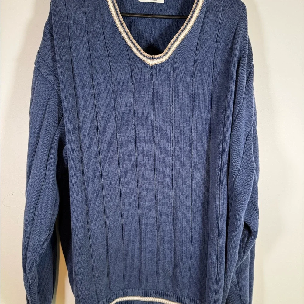 Vintage 90s Lee Sport Men’s XL Blue Ribbed V-Neck Sweater Striped Trim Preppy - Picture 2 of 7